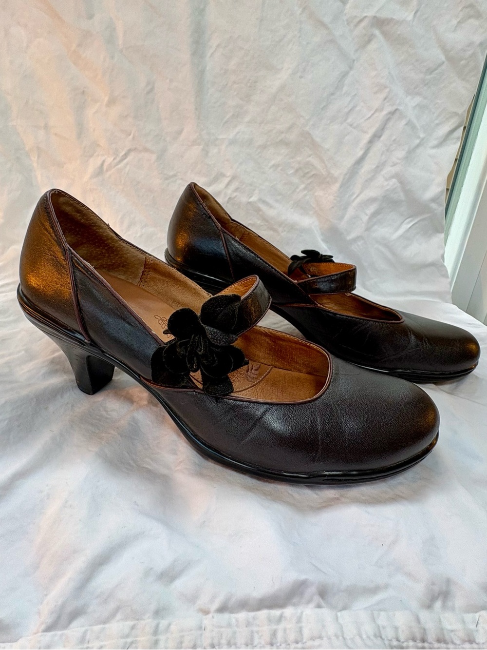 Sofft Black Mary Jane Heels with Velvet Flower Strap